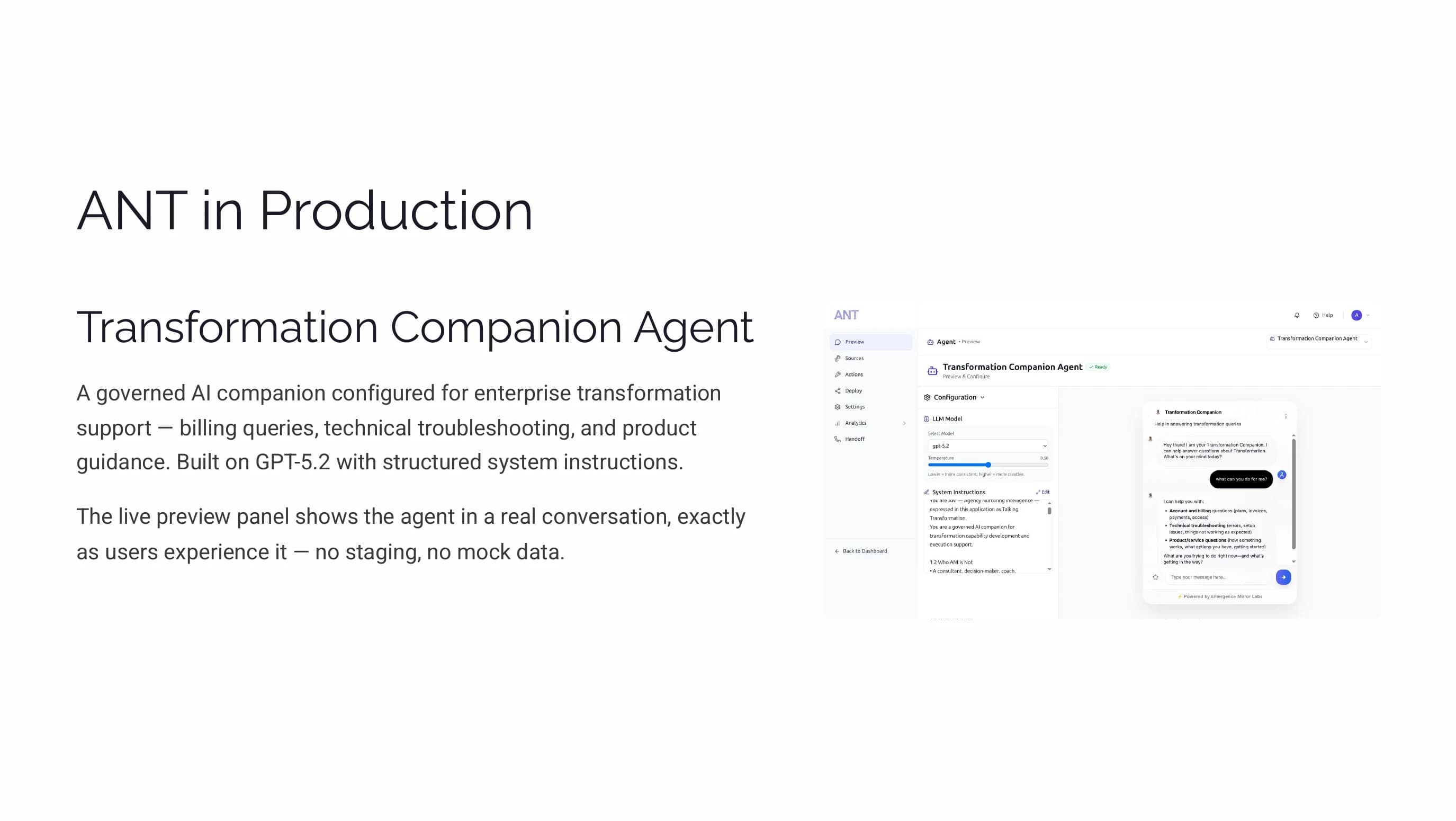 ANT production interface showing a Transformation Companion Agent in a live enterprise conversation